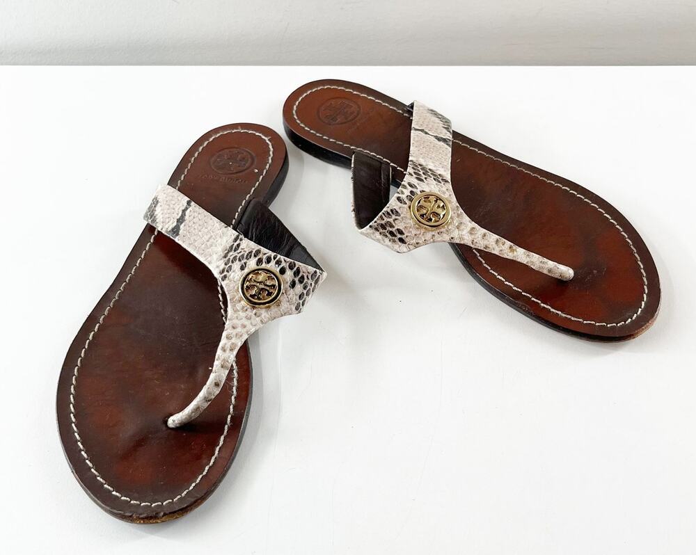 Tory Burch Cameron Snakeskin Embossed Leather Flat Thong Sandals Brown 7